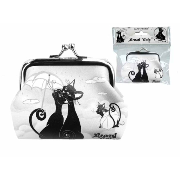 Műbőr pénztárca 9x7,5x2 cm, fekete macskás, esernyős