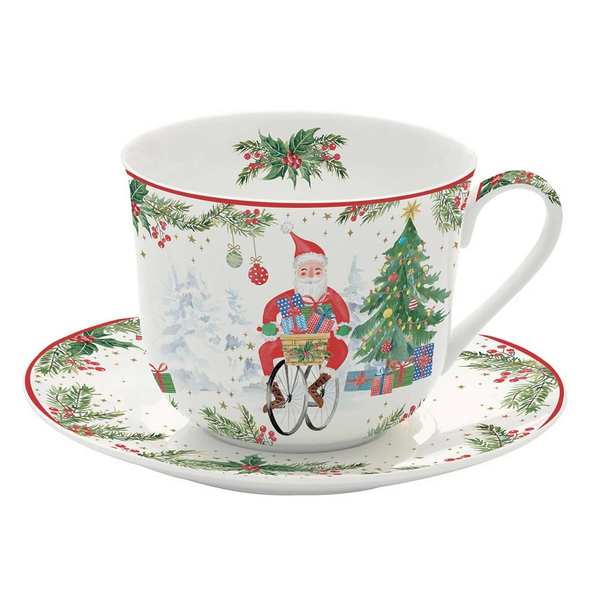 Karácsonyi porcelán reggeliző csésze aljjal - 400ml - Joyful Santa