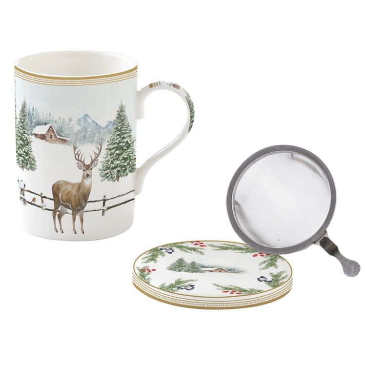 Karácsonyi porcelán szűrős bögre tetővel White Forest
