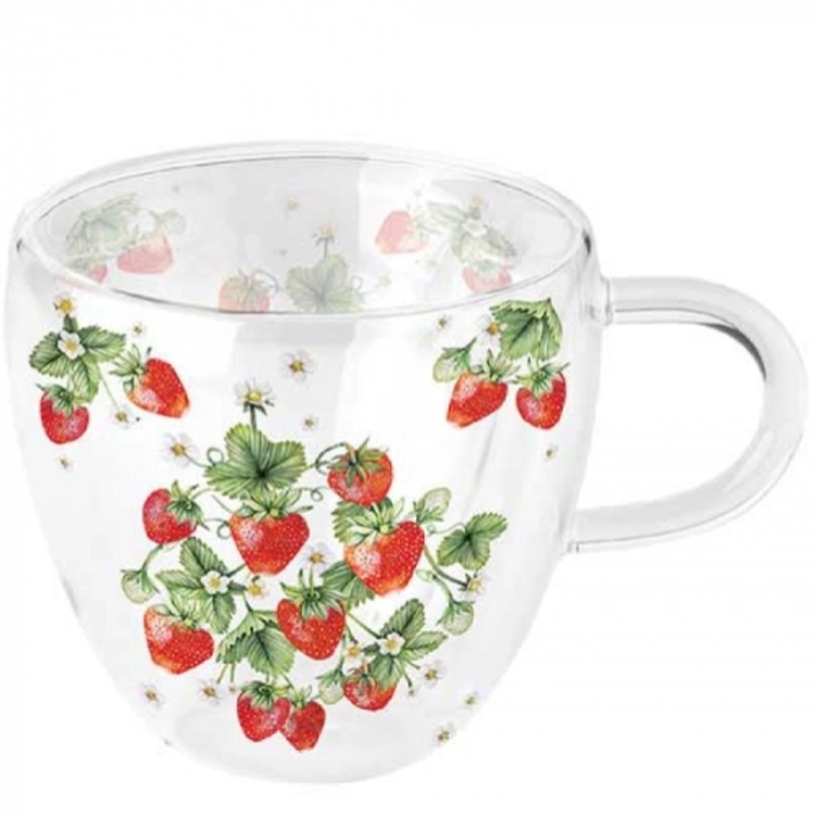 Duplafalú borosilicate üvegcsésze  - 250ml - Bunch of strawberries