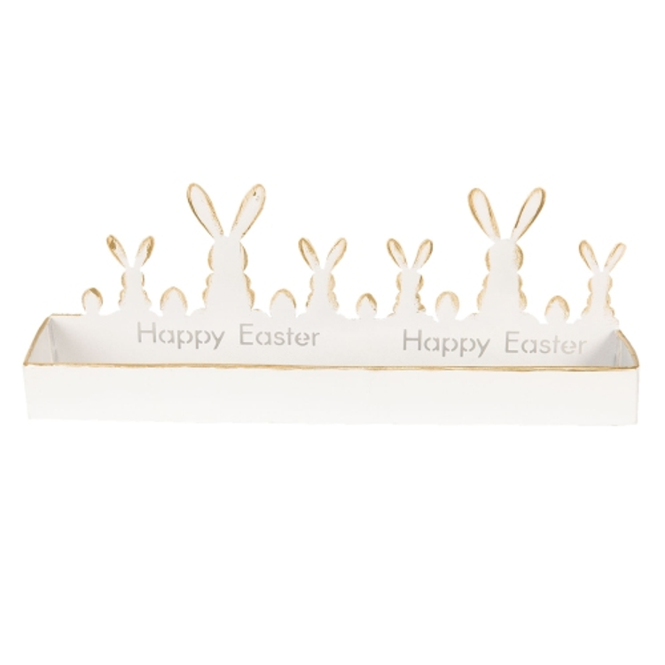 Clayre & Eef 64330 Fém húsvéti nyuszis tál, 40x8x14cm, fehér,aranyozott szélekkel
