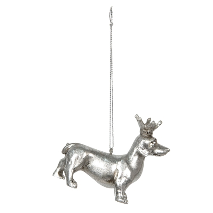 Ezüst színű koronás kutya műanyag függődísz, 8x3x6cm