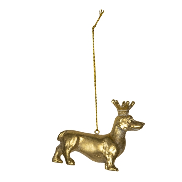 Arany színű koronás kutya műanyag függődísz, 8x3x6cm