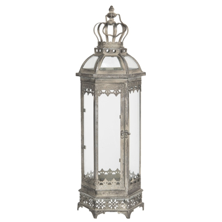 Fém/üveg lantern ezüstös, hatszögletű, 19x16x58cm