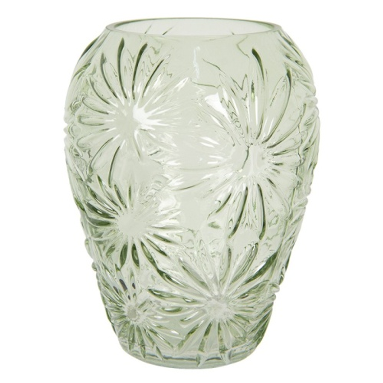 Zöld üveg váza, 22x30cm, virágos