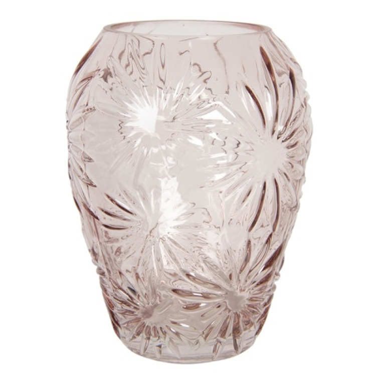 Rózsaszín üveg váza, 22x30cm, virágos