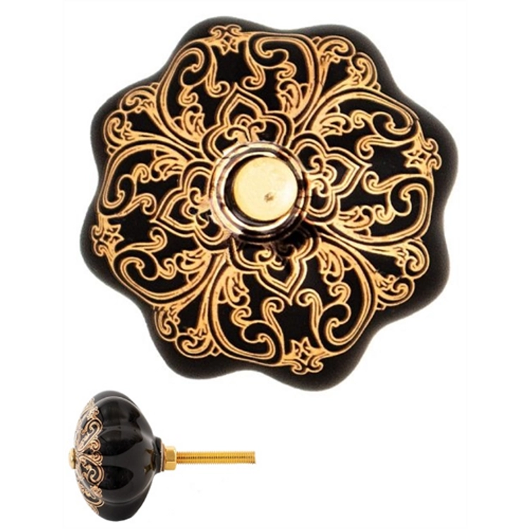 Kerámia ajtó fogantyú fekete virág - arany díszítéses