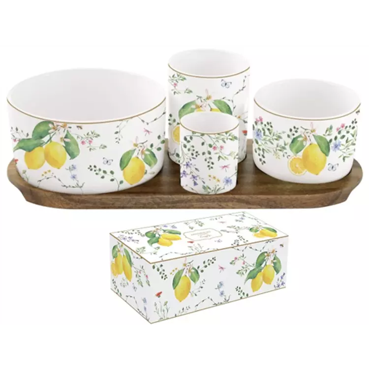 Porcelán kínáló tálka szett akácfa tálcán - Fleurs et Citrons