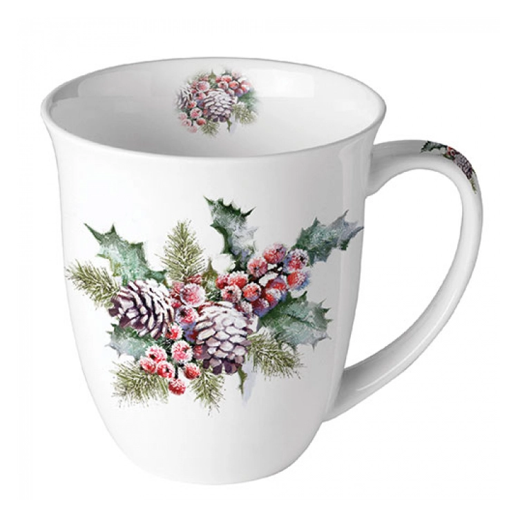 Karácsonyi mintás porcelán bögre - Holly and Berries
