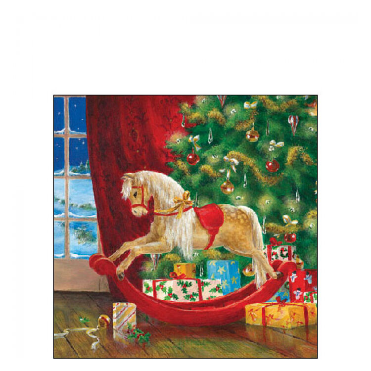 Krácsonyi papírszalvéta - 25x25cm, 20db-os - Wooden rocking horse