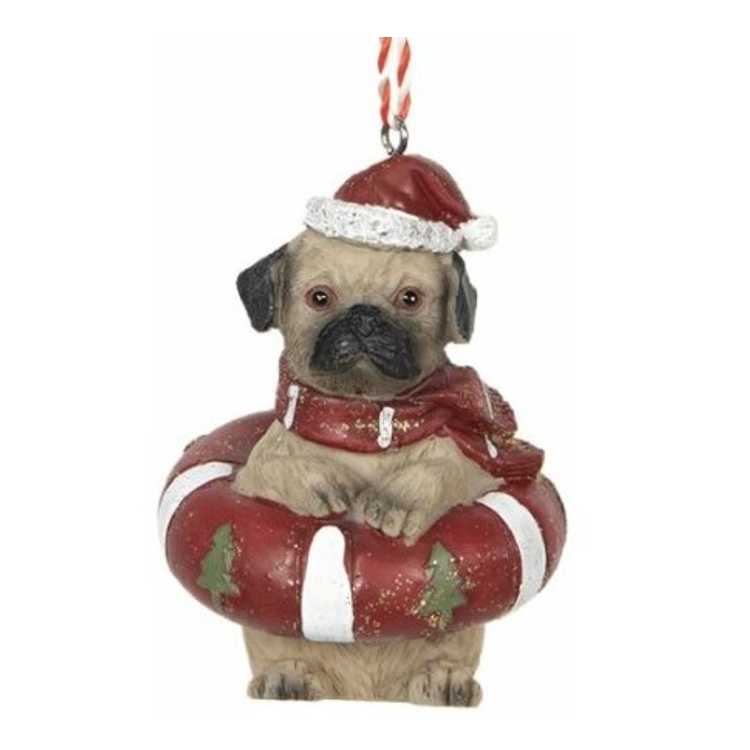 Karácsonyi mentőöves kutya függődísz, műanyag, 6x6x8cm
