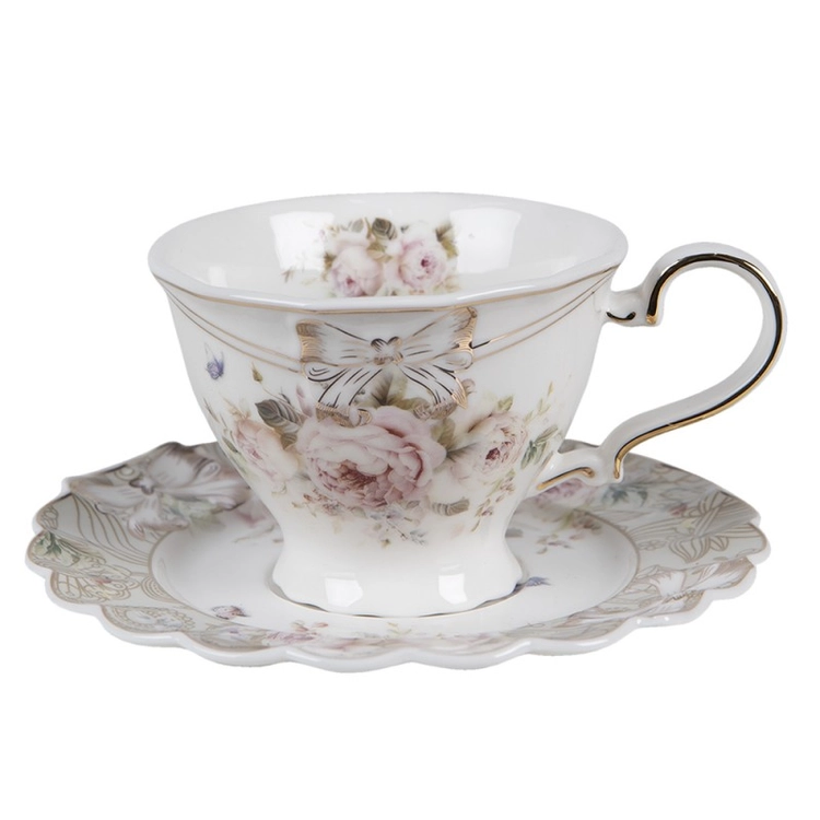 Vintage viktoriánus rózsa mintás porcelán teáscsésze aljjal arany peremmel pillangós