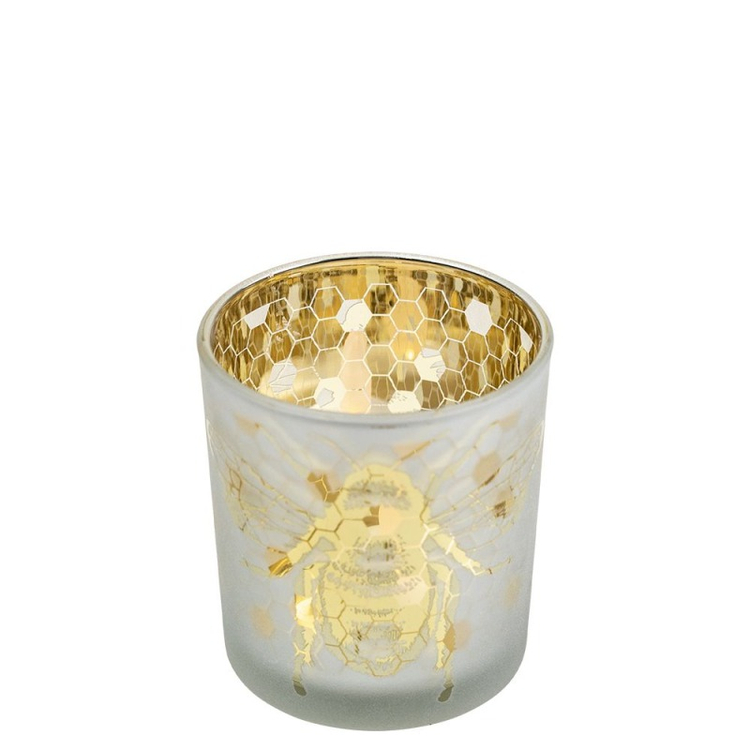 Üveg teamécses tartó, méhecskés, arany színű, 8 cm