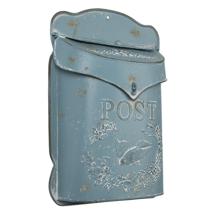 Vintage kékes fém postaláda galamb mintával