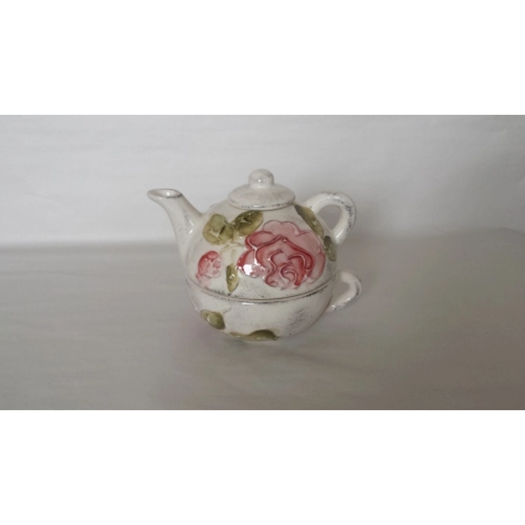 V.K.30-17 Domború mintás egyszemélyes teás,virágos bordó,kerámia,kézzel festett-2,5dl+2,5dl