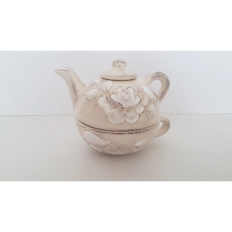 V.K.31-17 Domború mintás egyszemélyes teás,virágos natúr,kerámia, kézzel festett-2,5dl+2,5dl