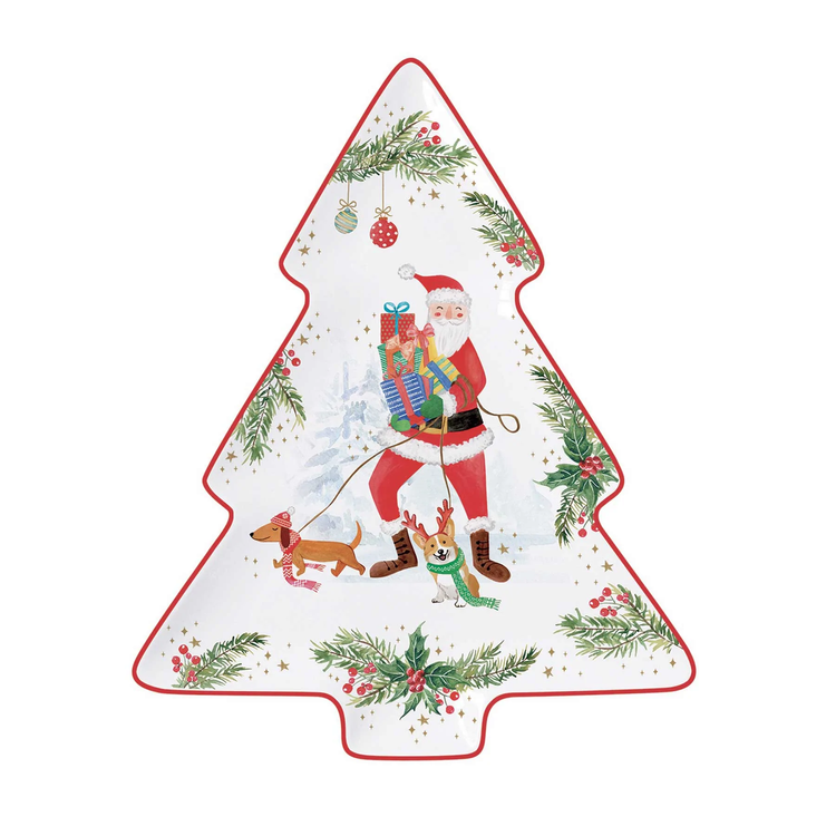 Karácsonyi mintás porcelán fenyőfa alakú tálca - Joyful Santa