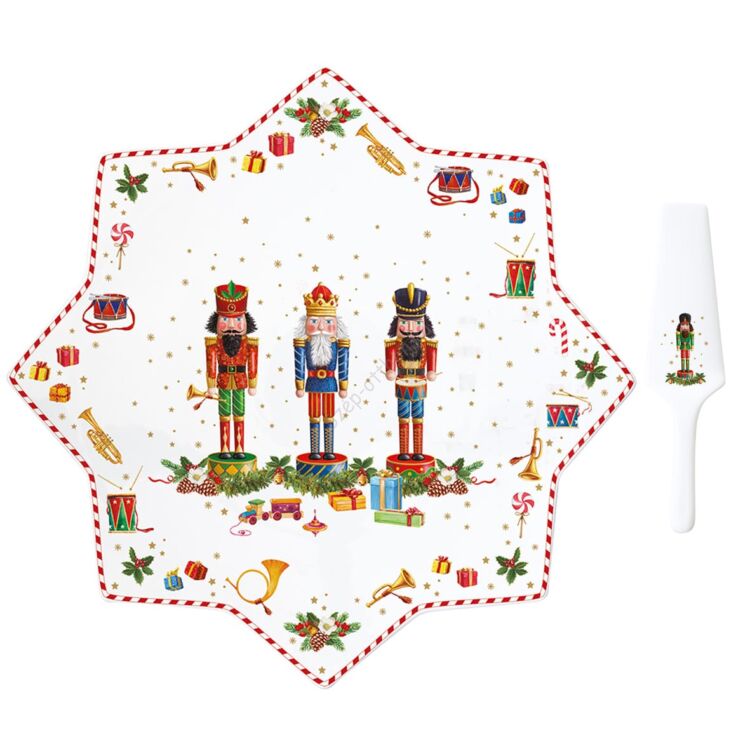 Karácsonyi mintás porcelán tortatál lapáttal - Vintage Nutcracker